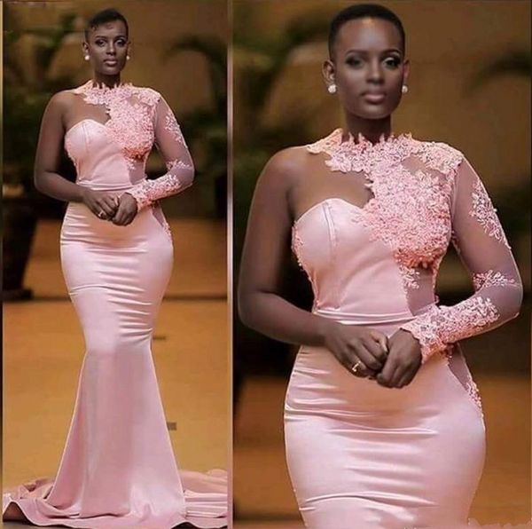 

one shoulder pink lace african evening dresses mermaid long sleeves prom dresses vintage formal bridesmaid party gown, Black;red