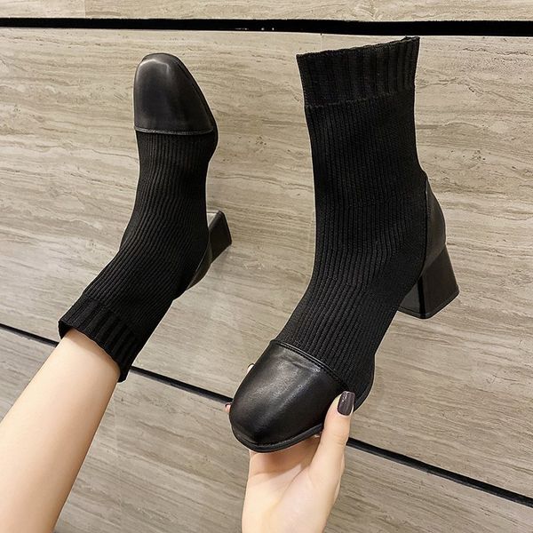 

boots socks heels ankle booties women female shoes boots-women stockings low ladies med 2020 rubber high heel slip-on, Black