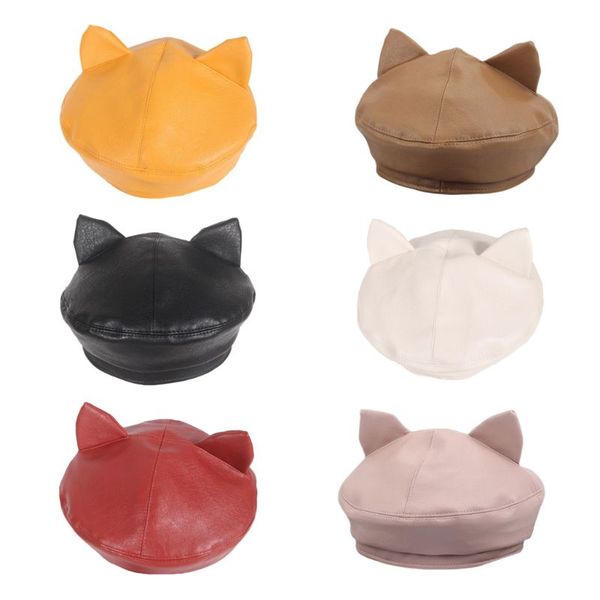 

new women girls cute cat ears beret cap faux leather solid color painter adjustable japanese vintage classic octagonal hat, Blue;gray
