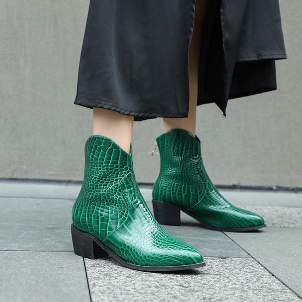 

2020 motorcycle western cowboy boots women crocodile pattern leather pointed toe med heels zip cowgirl boots ankle botas shoes, Black