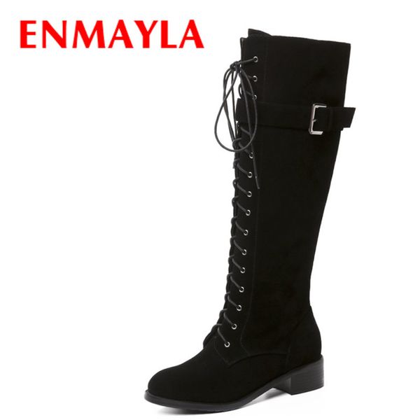 

enmayla flats boots women lace-up buckle knight boots womens shoes black cow suede knee high shoes woman round toe