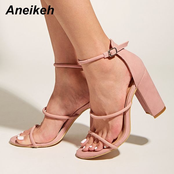 

aneikeh new 2020 летняя мода flock narrow band рим сандалии высоких каблуках женская обувь peep toe платье насосы размер 35-40 розовый, Black