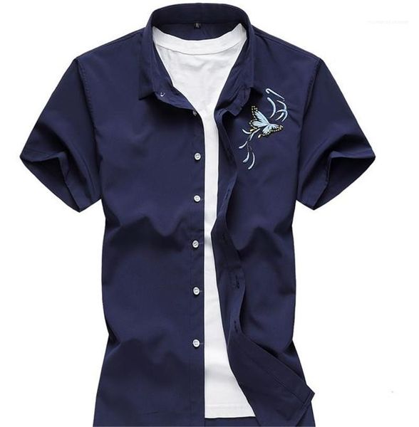 

male clothing mens summer designer short sleeve cardigan turndown collar mens shirts silm embroidery fashion casual, White;black