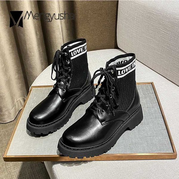 

stretch weaving letters ankle botas mujer lace-up round toe short bottes chunky med high heels riding boots women platform shoes, Black