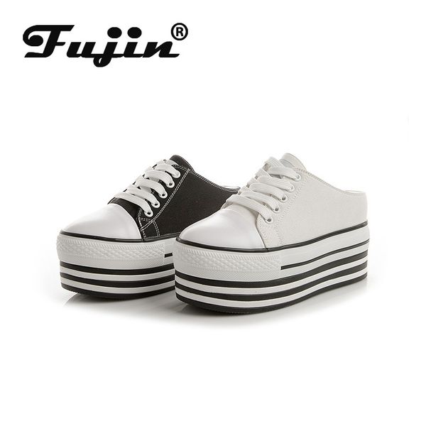 

fujin spring summer new casual shoes women's fashion breathable canvas women slippers round head lace up platform women's shoes, Black