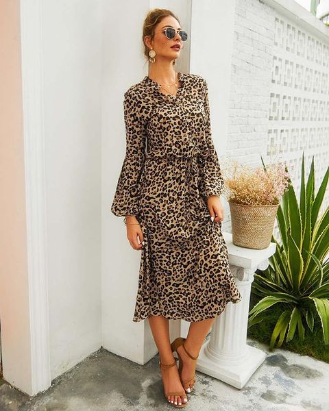 

designer casual dresses womens v neck a line long sleeve leopard print dress womens spring clothes womens, Black;gray