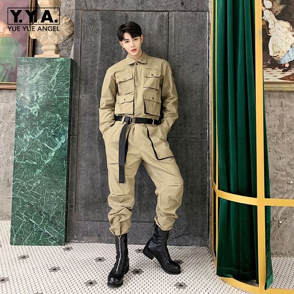

fashion style mens one piece jumpsuit belted army green multi pockets overalls casual hip hop loose fit cargo pants, Black