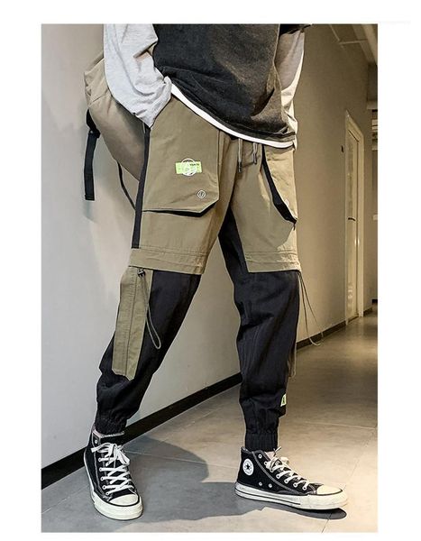 

pants teenager summer streetwear leggings belt elastic waist mens cargo pants hip hop patchwork pocket mens designer, Black