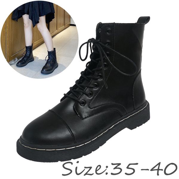 

2020 new ladies platform short boots fashion all-match pure black flat boots waterproof pu upper lace-up ankle for student