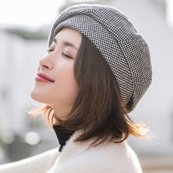 

women beret for elegant lady winter female cotton hats plaid vintage octagonal casual boina autumn girl cap, Blue;gray