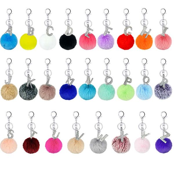 

26 colors english alphabet fur ball keychain creative woman's small gift alloy rhinestone alphabet key chain key ring, Silver
