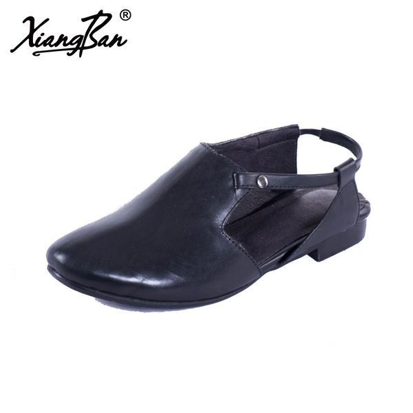 

original handmade leather women's sandals concise casual shoes women soft bottom flat sandals back strap spring and summer, Black