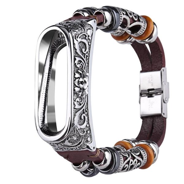 

retro design metal shell wrist strap for mi band 4 smart band replacement leather wristband strap+ metal case, Black;brown