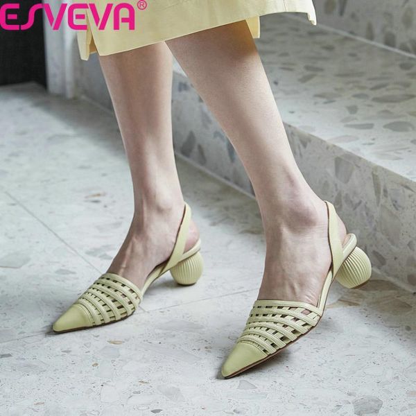 

dress shoes esveva 2021 back strap cow leather women pointed toe cut outs ladies pumps thick heel summer hollow sandals size 34-39, Black