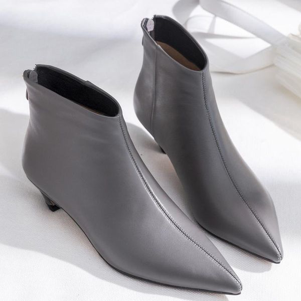 

boots women's genuine leather kitten heel pointed toe back zip ankle elegant ladies low comfortable short booties shoes, Black