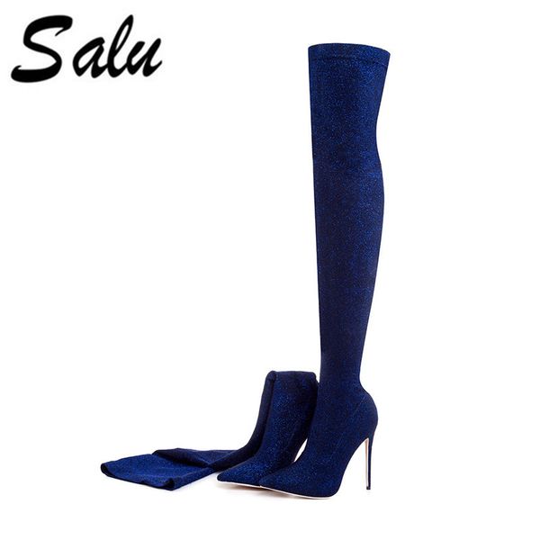 

salu shoes women fashion pointed toe high heels over the knee high boots silver gold slim thigh stretch boots, Black