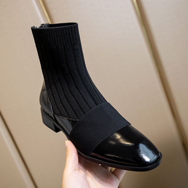 

women's ankle boots party shoes woman genuine leather knitting autumn winter shoes platform chunky low heels boots, Black