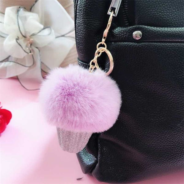 

keychains cream keychain soft artificial hair ball keyring porte clef pompom de fourrure women shoulder bag car pendant gift, Silver