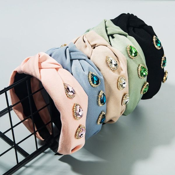 

korean boutique women wide headband water drop glass drill inlaid jewelry hair hoop twist bowknot center wedding bandana