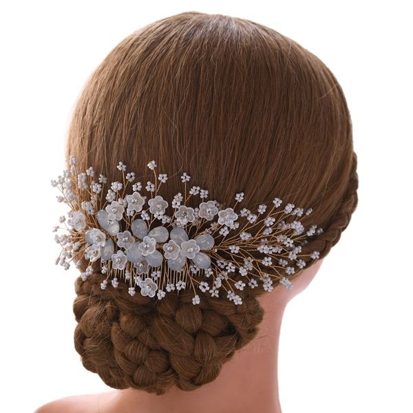 

slbridal new handmade crystal rhinestones pearls flower wedding hair comb bridal headdress hair accessories women jewelry, Golden;silver