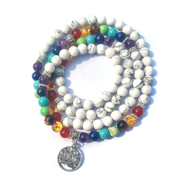 

7-chakra meditation bracelet couples 108 prayer beads mala yoga necklace bracelet natural lava stone howlite lotus wrists women, Golden;silver