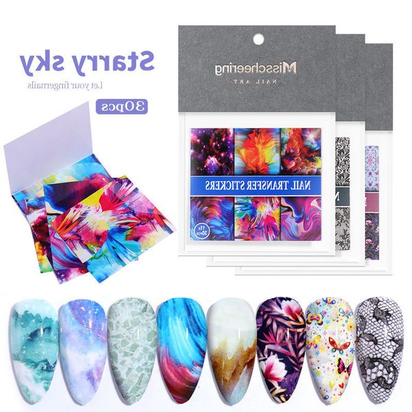 

nail art transfer stickers decals 30pcs /pack 3d star laser marble flower butterfly scenery sky partterns transfer paper tips nail foils, Black