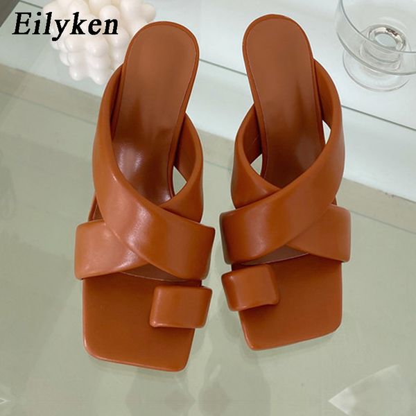 

eilyken 2020 fashion brand narrow band womens slippers slip on slides design square toe stiletto heel ladies elegant dress shoes, Black