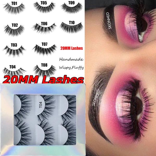 

false eyelashes 3 pairs handmade 20mm lashes 100% 3d mink hair full strips wispy fluffy natural long extension tools