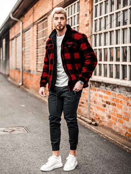 

winter lapel neck button pocket high street shirt jacket man hip hop outerwears mens red plaid fashion jackets autumn, Black;brown