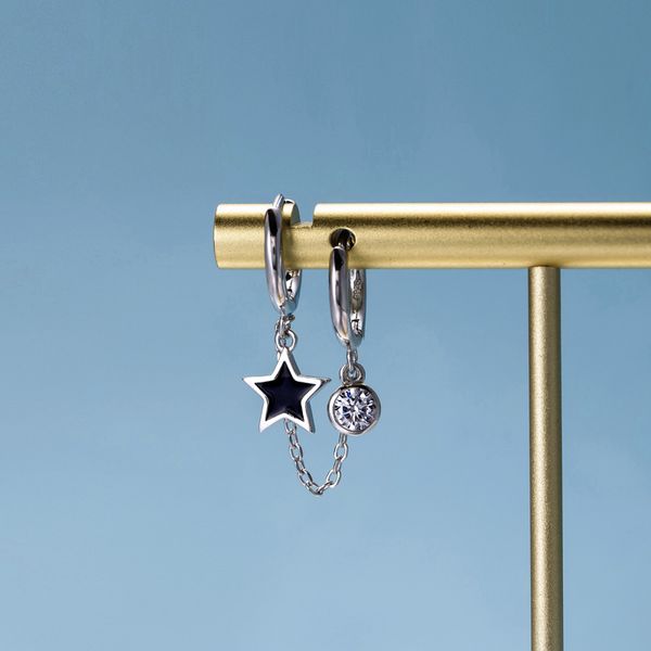 

925 sterling silver earrings fashion star short earring 2ear hole round zircon chain tassel ear bone popular boy girl ear jewelr
