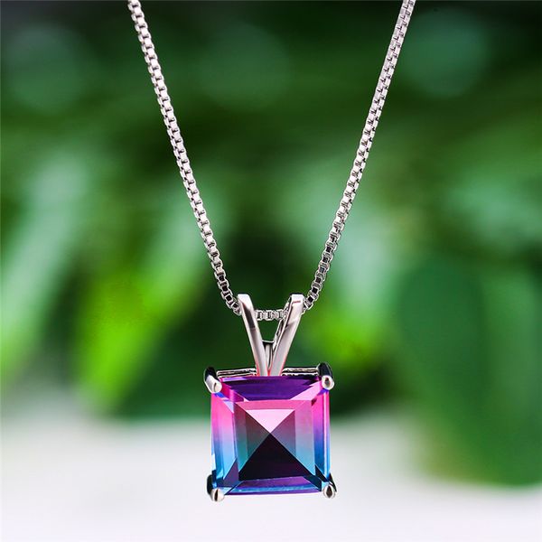 

cool female rainbow crystal pendant necklace cute square zircon chain necklace rose gold silver color wedding for women