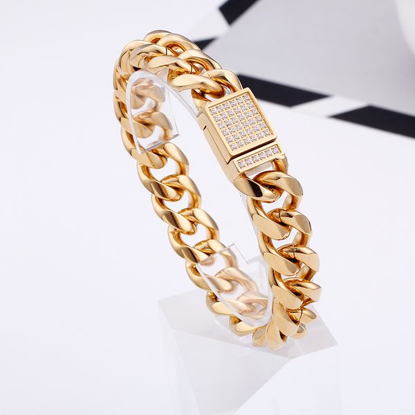 

86g heavy or gold stainless steel cuban chain bracelet crystals clasp 14mm 9'' bling men gift, Black