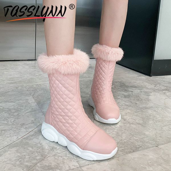 

tasslynn 2020 warm short plush boots sewing women med heels shoes women ankle boots round toe snow fashion 34-43, Black