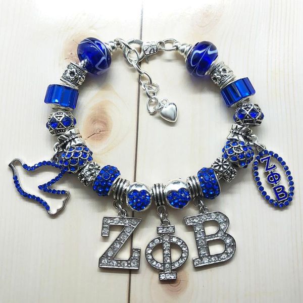 

charm bracelets greek letter society zeta phi beta sorority jewelry bracelet zpb blue crystal big hole beads bangle, Golden;silver