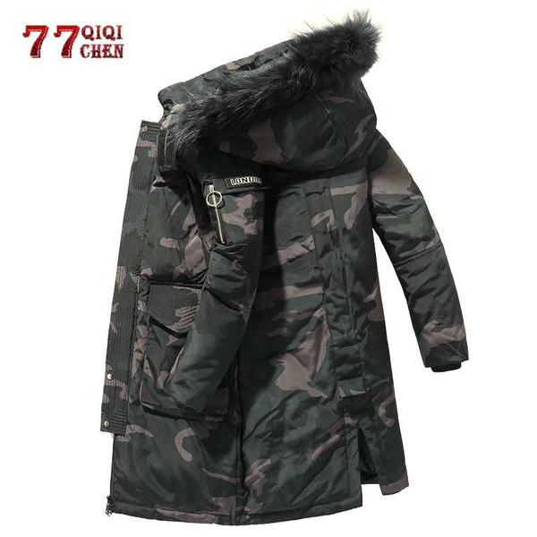 

winter camouflage down jacket men -30 degrees thick warm long parkas coats fur collar windbreaker 90% white duck down jackets, Black