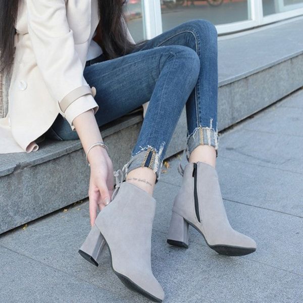 

women ankle boots 2020 black flock winter fashion med high heel boots for ladies pointed toe plus size women shoes