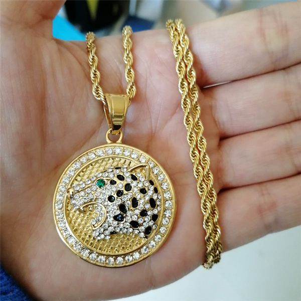 

hip hop micro pave zircon leopard necklace fashion stainless steel animal pendant necklace for women men christmas gift, Silver