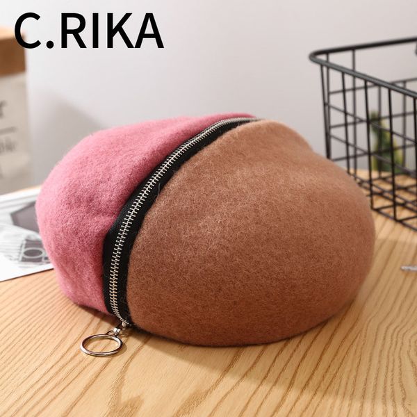 

new vintage women autumn winter warm beret hat female girls zipper decoration two color joint beret french hat painter cap, Blue;gray