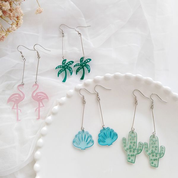 

acrylic star shell pinapple drop earrings for women cute fashion ocs coconut cactus plant pendant female earrings bijoux, Silver