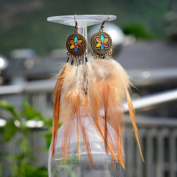 

anqi bohemian vintage long feather earrings for women ethnic round essential oils drop earrings boucle d'oreille femme 2020, Silver
