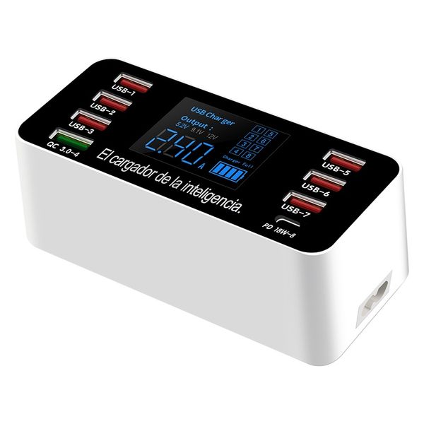 

60w 18w usb charger pd tpye c qc3.0 fast charge deskadapter 8 port smart led display usb charge station hub