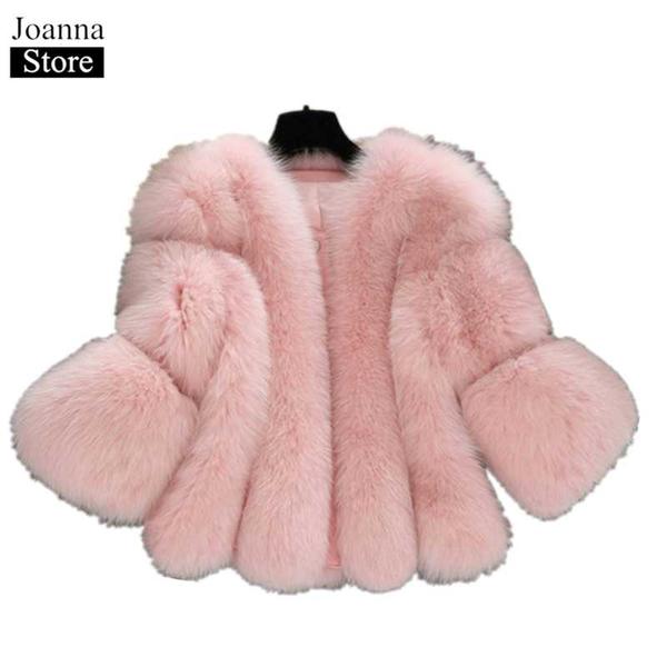 

winter faux fur white short coat female slim seven-quarter sleeve pink fluffy autumn thick jacket plus size women fake fur coats, Black