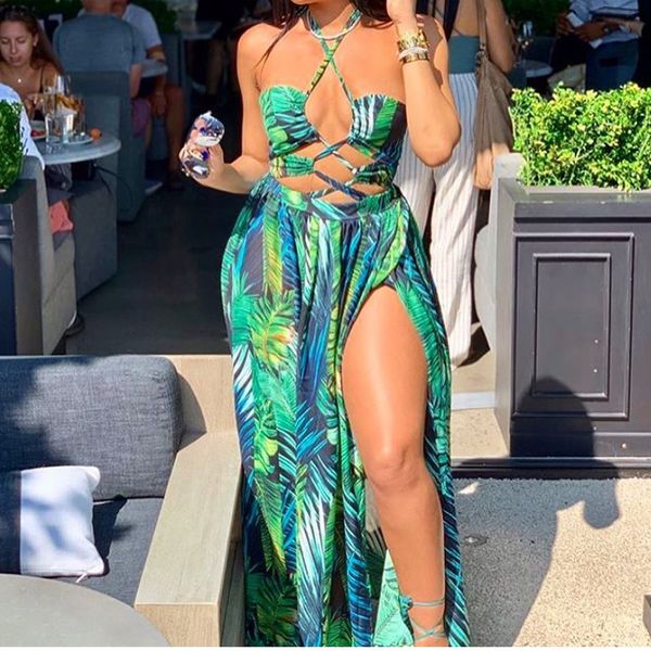 

women's swimwear 2021 print green leaves chiffon beach long dress women halter high split bikini swimsuit bathing suit cover up be, White;black
