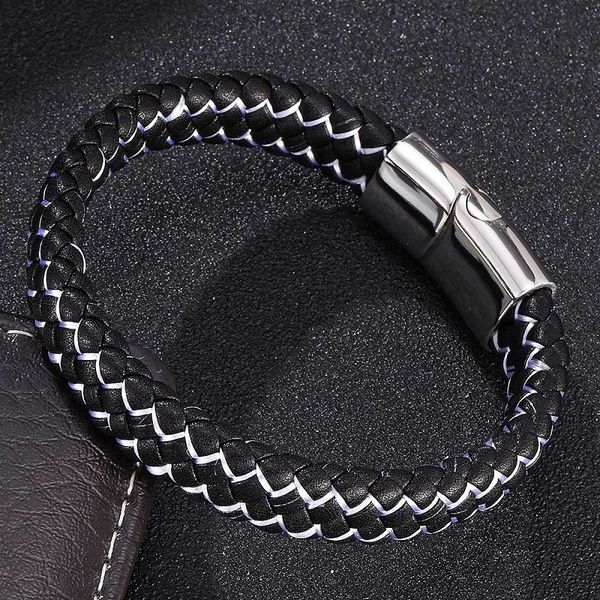 

charm bracelets men jewelry black white braided leather bracelet stainless steel magnetic clasp bangles male wristband gifts, Golden;silver