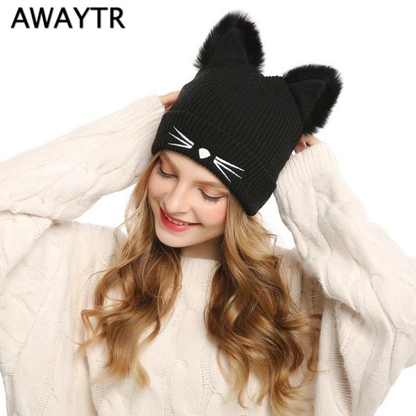 

awaytr knitted womens cat ears faux mink hats skullies fur pompom caps female beanies 2020 new fashion lovely cap girls headwear, Blue;gray