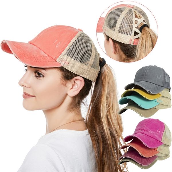 

11 color criss cross ponytail hat washed cotton snapback caps messy bun summer sun visor outdoor baseball cap party hat zjj664, Yellow
