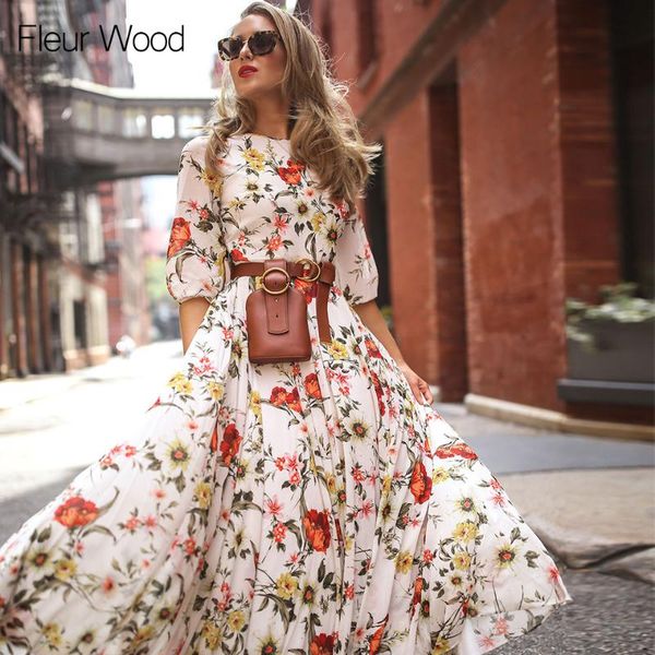 

fleur wood autumn woman dress floral print boho casual maxi dress elegant dresses for women clothes vestido not include belt, Black;gray