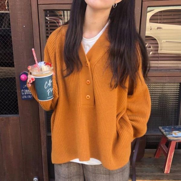 

women's long-sleeved pullover sweater wild retro solid color v-neck sweater loose large size student sweater gd108, White;black