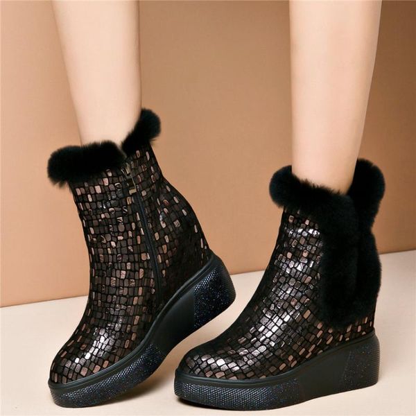 

boots women genuine leather wedges high heel pointed toe ankle female winter fur platform pumps fashion sneakers, Black