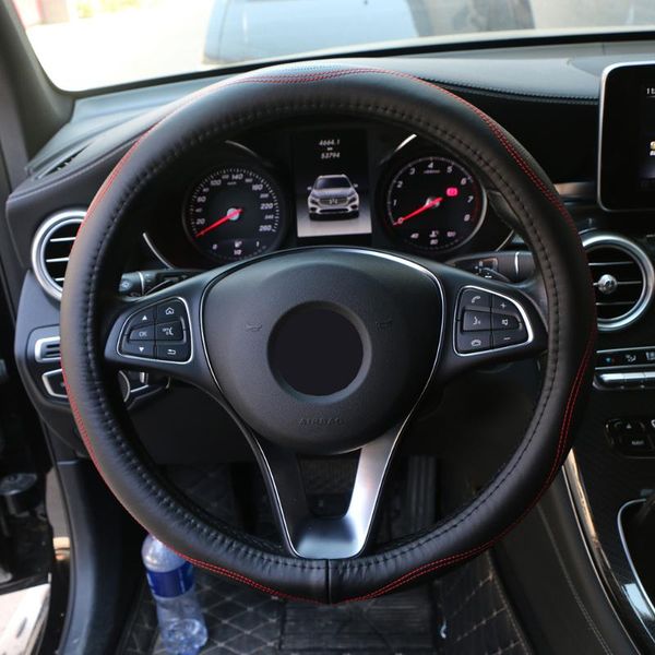 

genuine leather car steering wheel cover wavy lines design anti-slip sports auto steering cover comfortable cowhide black